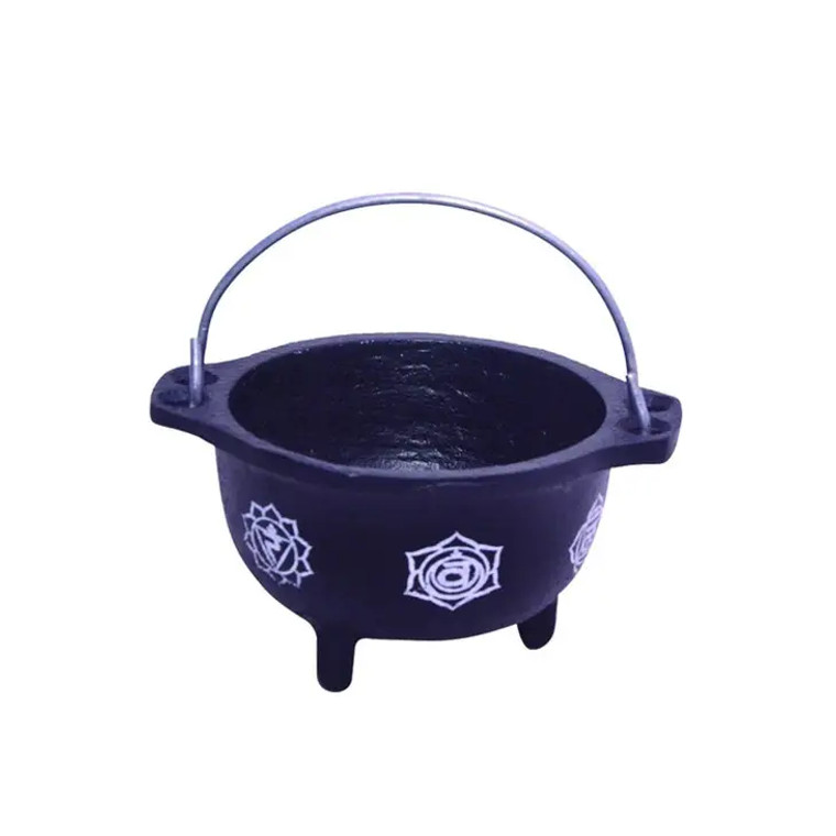 7 Chakras Cast Iron Cauldron with Aluminum Holder 6 Inch