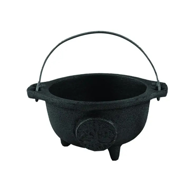 Tree of Life Cast Iron Cauldron Bowl 4in with Hanging Holder