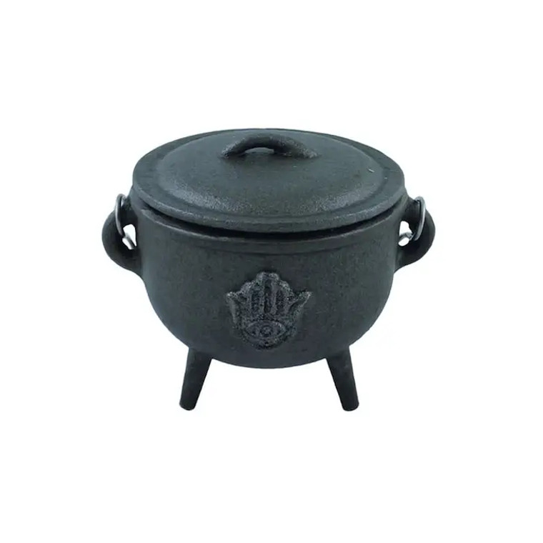 Hand of Hamsa Medium Cast Iron Cauldron with Lid 4.5 Inch