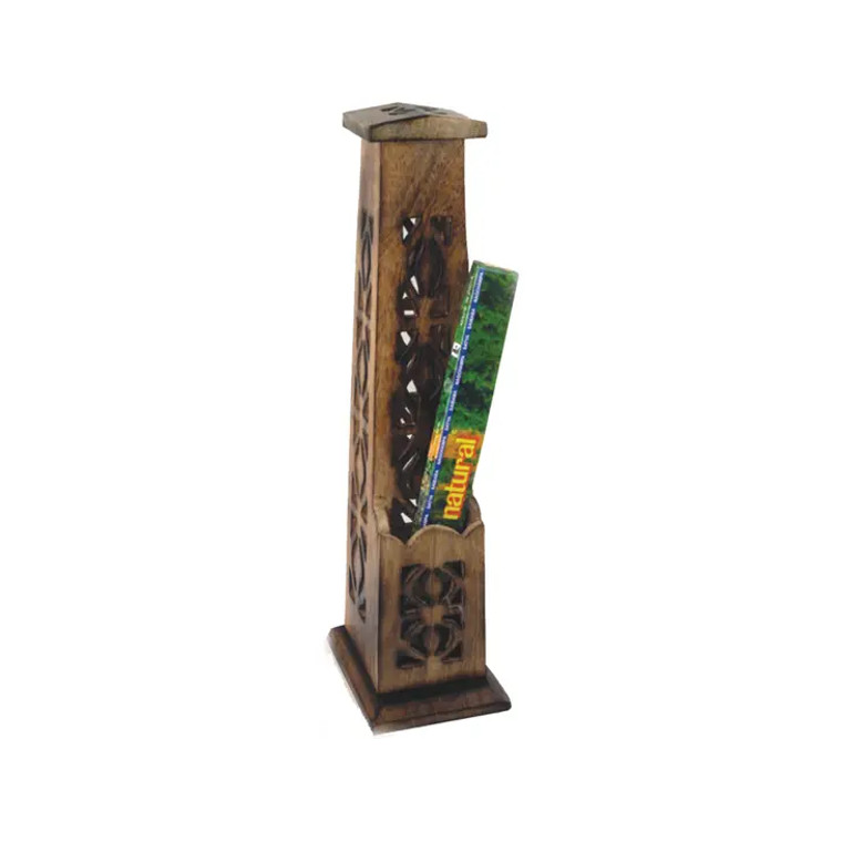 12 Inch Carved Wooden Incense Burner Tower Style