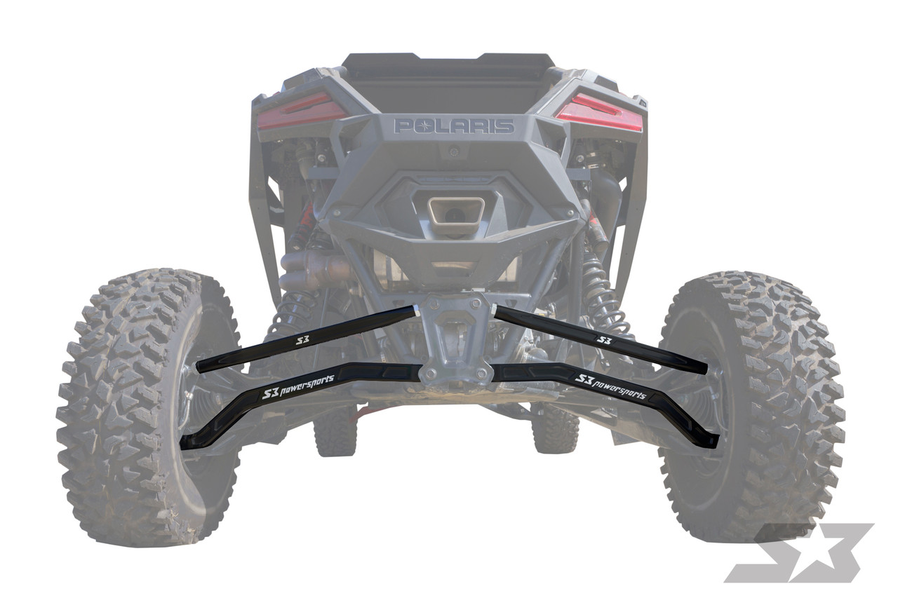 Polaris RZR Pro R Billet Aluminum High Clearance Radius Rods, black S3 Power Sports radius rods installed on the rear suspension of a Polaris RZR Pro R - S3 Power Sports