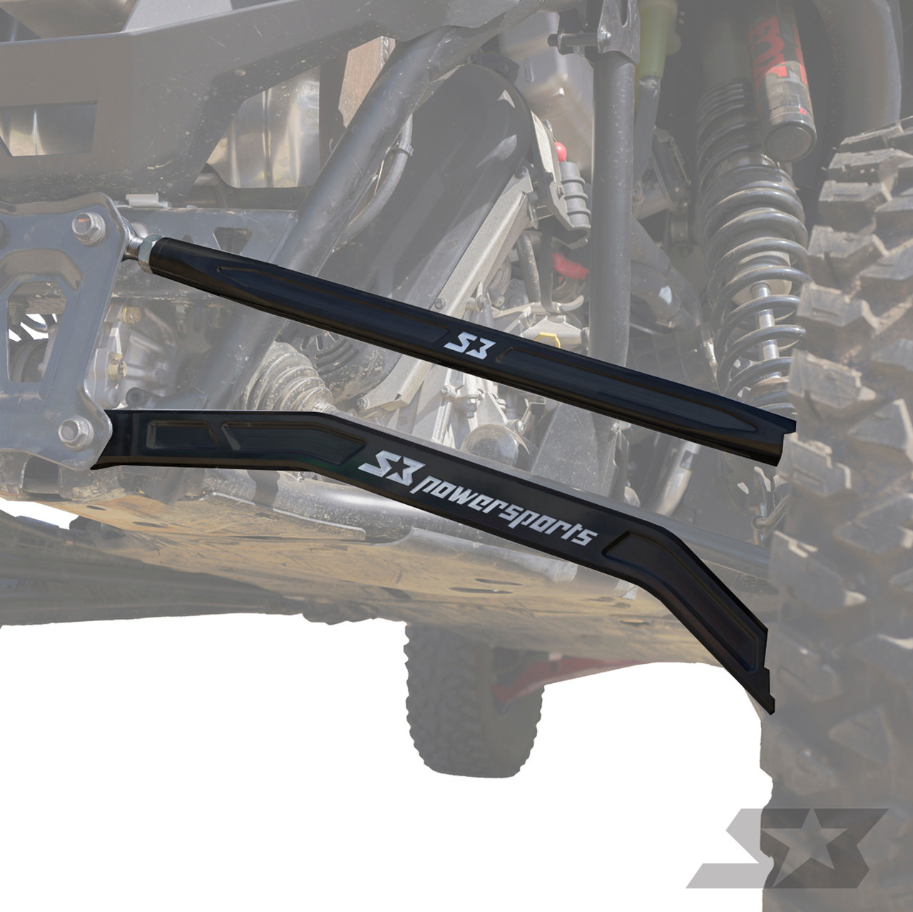 Polaris RZR Pro R Billet Aluminum High Clearance Radius Rods, black branded radius rods shown installed on the rear suspension of a Polaris RZR Pro R. - S3 Power Sports