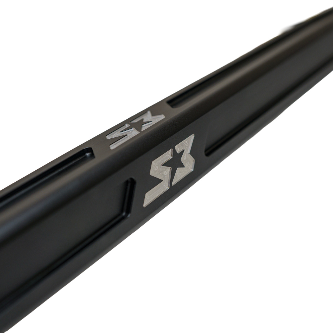 Polaris RZR Turbo R Billet Aluminum High Clearance Radius Rods, close-up of a black billet aluminum radius rod with machined grooves and silver S3 logos on a white background. - S3 Power Sports