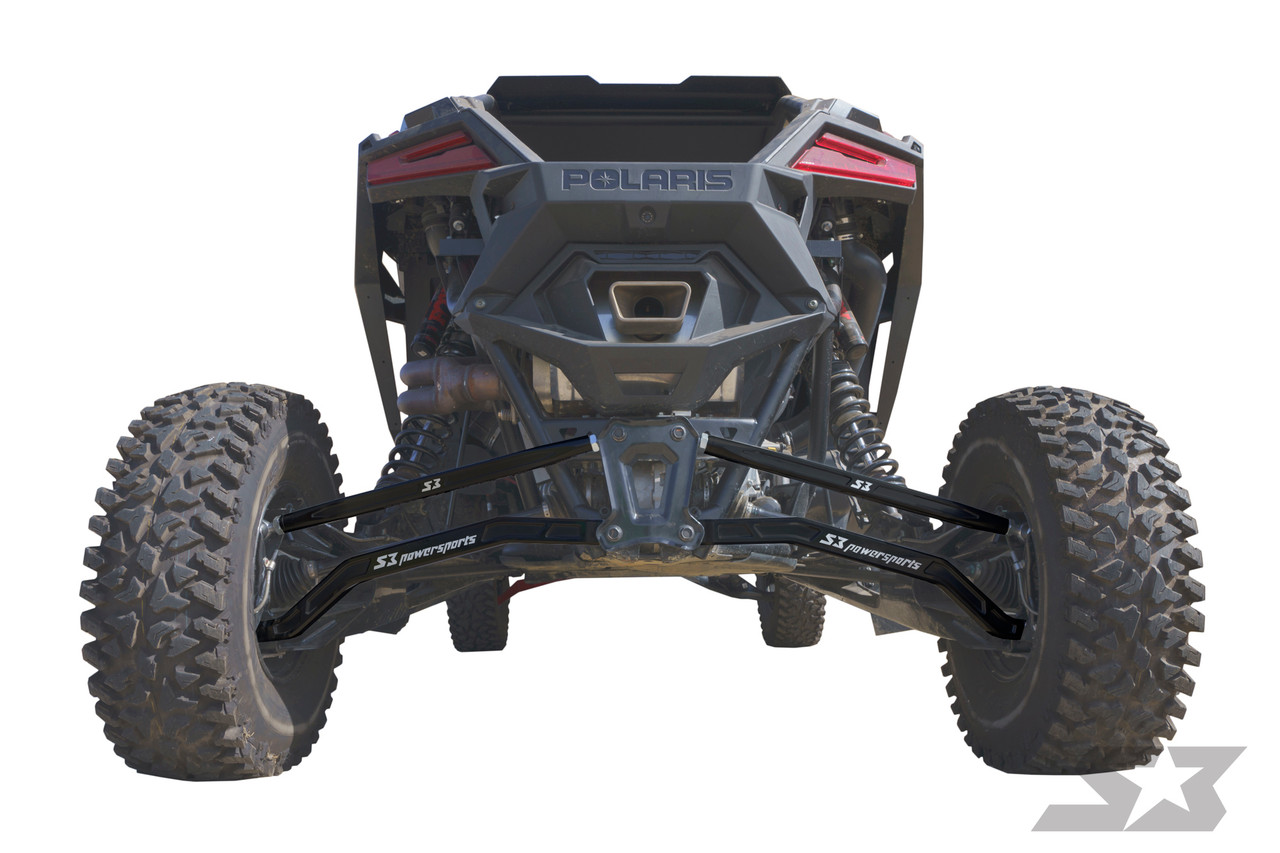 Polaris RZR Turbo R Billet Aluminum High Clearance Radius Rods, rear view showing black high-clearance radius rods installed on a Polaris RZR Turbo R. - S3 Power Sports