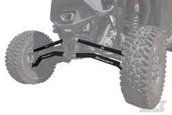 Polaris RZR Pro R Billet Aluminum High Clearance Radius Rods, black branded radius rods installed on the rear suspension between the wheels of a Polaris RZR Pro R. - S3 Power Sports