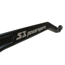 Polaris RZR Pro R Billet Aluminum High Clearance Radius Rods, close-up of a black billet aluminum radius rod with engraved S3 Power Sports branding and a high-clearance bend. - S3 Power Sports