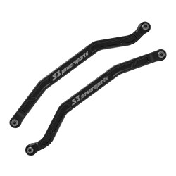 Polaris RZR Turbo R Billet Aluminum High Clearance Radius Rods, pair of black branded rods with machined end fittings shown on a white background. - S3 Power Sports