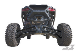 Polaris RZR Turbo R Billet Aluminum High Clearance Radius Rods, rear view showing black high-clearance radius rods installed on a Polaris RZR Turbo R. - S3 Power Sports