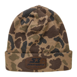 Duck Camo Leather Patch Beanie, camouflage patterned knit beanie with a leather patch branded with Power Sports logo. - S3 Power Sports