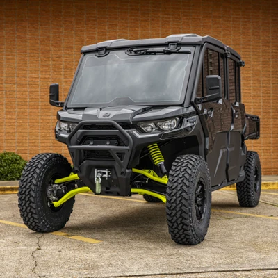 Can-Am Defender +2" Forward High Clearance A-Arm Kit, rugged all-terrain utility vehicle with reinforced front suspension and large off-road tires. - S3 Power Sports