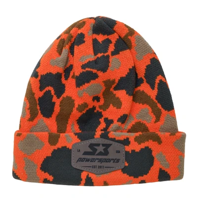 Duck Camo Leather Patch Beanie, orange and black camouflage knit beanie with leather patch logo. - S3 Power Sports