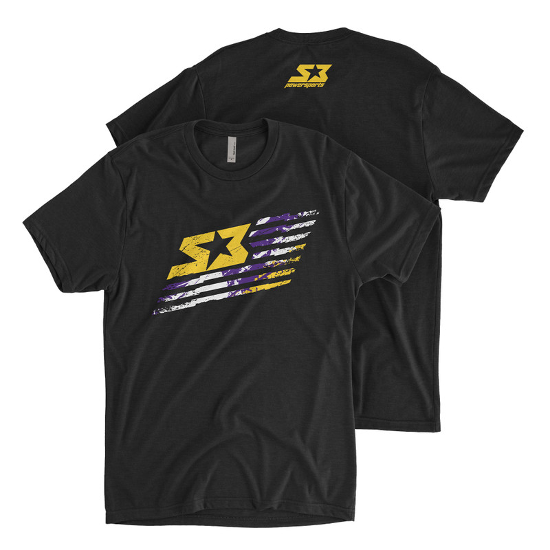 S3 Power Sports S3 Nation "Tattered Flag" LIMITED EDITION Purple & Gold T-Shirt S3 Power Sports S3 Nation "Tattered Flag" LIMITED EDITION Purple & Gold T-Shirt