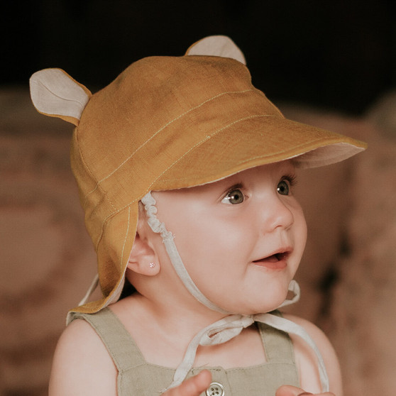 'Roamer' Baby Hat Reversible Teddy Flap Sun Hat - Maize/Flax
