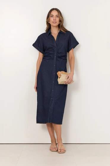 Devora Lightweight Denim Ruched Midi Dress
