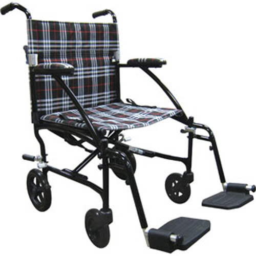 Drive Medical DFL19-BL - Transport Wheelchair drive™ Fly-Lite Aluminum Frame with Blue Finish 300 lbs. Weight Capacity Full Length / Fixed Height / Padded Arm Blue Plaid Upholstery