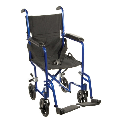 Drive Medical ATC19-BL - Lightweight Transport Chair Aluminum Frame with Blue Finish 300 lbs. Weight Capacity Fixed Height / Padded Arm Black Upholstery