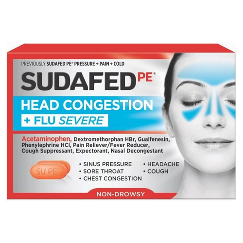 J&J 58225 - Sudafed PE Sinus Head Congestion + Flu Severe Non-Drowsy Tablets 24 ct