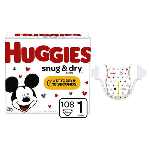 Kimberly Clark 49856 - HUGGIES Snug and Dry Diapers, Size 1, BIG Pack, 108 Count