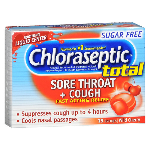 Medtech 678112015112 - Chloraseptic Total, Wild Cherry, Sugar Free Sore Throat and Cough Lozenges, 15 ct.