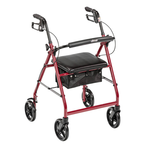 Drive Medical R728RD - Red Rollator Walker with Fold Up Removable Back Support Padded Seat