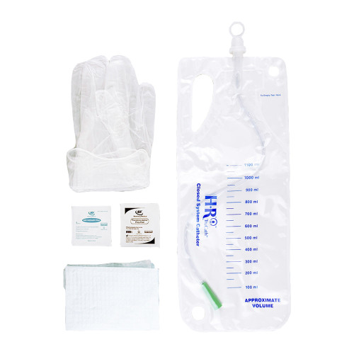HR Pharmaceuticals CK10 - TruCath Closed System Catheter Kit, 10FR. Contains vinyl powder free gloves, underpad, PVP and BZK wipes, 1200ml drainage bag.