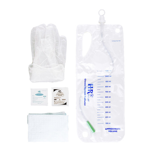 HR Pharmaceuticals CK12 - TruCath Closed System Catheter Kit, 12FR. Contains vinyl powder free gloves, underpad, PVP and BZK wipes, 1200ml drainage bag.