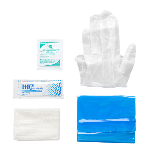 HR Pharmaceuticals HRIK002 - TruCath Intermittent Catheter Insertion Kit. Vinyl PF Gloves, 5g Lube Jelly Packet, BZK wipe, Underpad and Drainage Bag with connector.