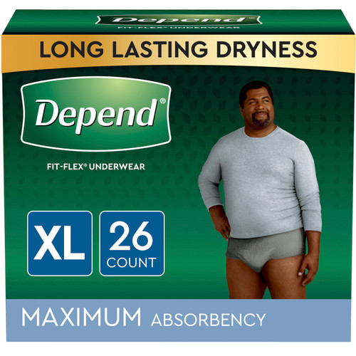 Kimberly Clark 53746 - Depend FIT-FLEX Incontinence Underwear for Men, Maximum Absorbency, XL, Gray, 26 Count, Replaces Item 6947933