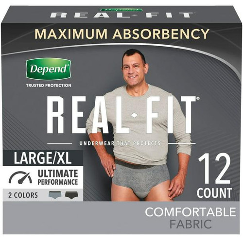 Kimberly Clark 50983 - Depend Real Fit Incontinence Underwear for Men, Maximum Absorbency, L/XL, Black & Grey, Waist 38-50"