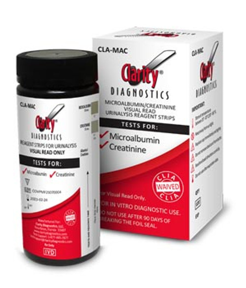 Clarity CLA-MAC  - Clarity Visual Read only , Micro-Albumin 
Creatinine Strips , 25 Strips /Vial - Made in USA 