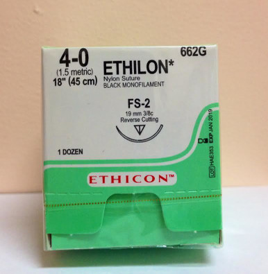 Ethicon 662G - ETHILON Nylon Suture, Reverse Cutting, FS-2 19mm 3/8 Circle, 45cm, Size: 4-0