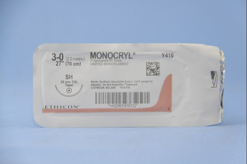 J & J Healthcare Systems Y416H - Absorbable Suture with Needle Monocryl™ Poliglecaprone SH 1/2 Circle Taper Point Needle Size 3-0 Monofilament J & J Healthcare Systems Y416H - Absorbable Suture with Needle Monocryl™ Poliglecaprone SH 1/2 Circle Taper Point Needle Size 3-0 Monofilament