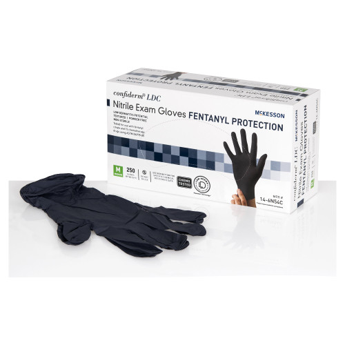 McKesson 14-6N54C - Exam Glove McKesson Confiderm® LDC Medium NonSterile Nitrile Standard Cuff Length Fully Textured Black Chemo Tested / Fentanyl Tested
