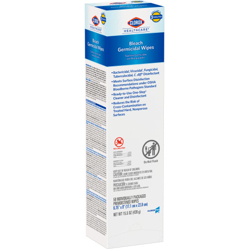The Clorox Company 31424 - Surface Disinfectant Clorox Healthcare® Premoistened Germicidal Manual Pull Wipe 50 Count Individual Packet Fruity Floral Bleach Scent NonSterile The Clorox Company 31424 - Surface Disinfectant Clorox Healthcare® Premoistened Germicidal Manual Pull Wipe 50 Count Individual Packet Fruity Floral Bleach Scent NonSterile