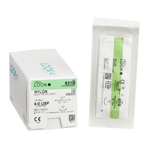 Surgical Specialties 931B - Nonabsorbable Suture with Needle LOOK® Nylon C-17 3/8 Circle Reverse Cutting Needle Size 4-0 Monofilament