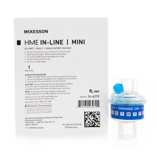 McKesson 16-6219 - Heat and Moisture Exchanger McKesson 28.8 mg H₂O/L @ VT 500 mL 0.72 cm H₂O @ 30 LPM McKesson 16-6219 - Heat and Moisture Exchanger McKesson 28.8 mg H₂O/L @ VT 500 mL 0.72 cm H₂O @ 30 LPM