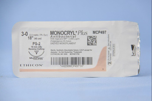 J & J Healthcare Systems MCP497G - Absorbable Antibacterial Suture with Needle Monocryl™ Plus Poliglecaprone 25 with Irgacare MP Antibacterial Suture PS-2 3/8 Circle Precision Reverse Cutting Needle Size 3-0 Monofilament J & J Healthcare Systems MCP497G - Absorbable Antibacterial Suture with Needle Monocryl™ Plus Poliglecaprone 25 with Irgacare MP Antibacterial Suture PS-2 3/8 Circle Precision Reverse Cutting Needle Size 3-0 Monofilament