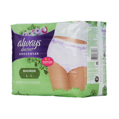 Procter & Gamble 10037000887574 - Female Adult Absorbent Underwear Always® Discreet Pull On with Tear Away Seams Large Disposable Heavy Absorbency Procter & Gamble 10037000887574 - Female Adult Absorbent Underwear Always® Discreet Pull On with Tear Away Seams Large Disposable Heavy Absorbency