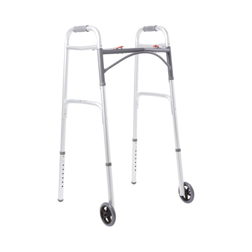 McKesson 146-10210-1 - Dual Release Folding Walker with Wheels Adjustable Height McKesson Aluminum Frame 350 lbs. Weight Capacity 32 to 39 Inch Height McKesson 146-10210-1 - Dual Release Folding Walker with Wheels Adjustable Height McKesson Aluminum Frame 350 lbs. Weight Capacity 32 to 39 Inch Height