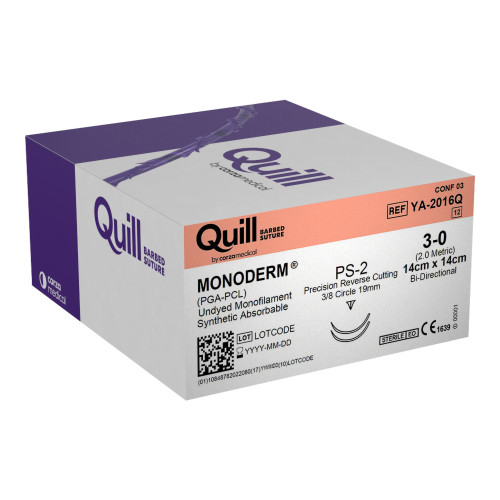 Surgical Specialties YA-2016Q - Absorbable Suture with Needle Quill™ Monoderm™ Polyglycolic Acid / PCL PS-2 3/8 Circle Precision Reverse Cutting Needle Size 3-0 Barbed Monofilament