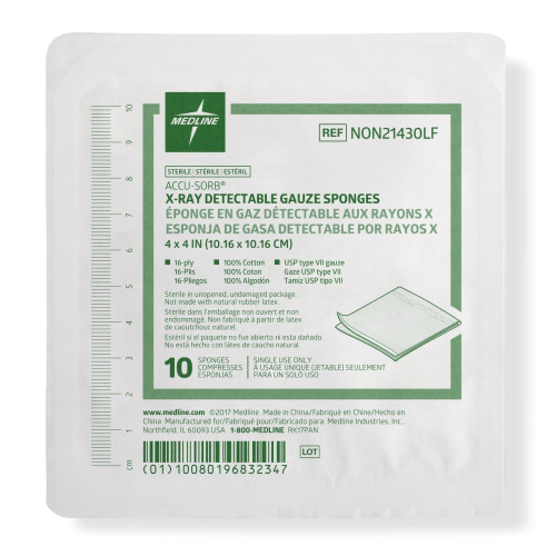 Medline NON21430LF - Gauze Sponge Medline 4 X 4 Inch 16-Ply Sterile X-Ray Detectable 10 per Tray Medline NON21430LF - Gauze Sponge Medline 4 X 4 Inch 16-Ply Sterile X-Ray Detectable 10 per Tray