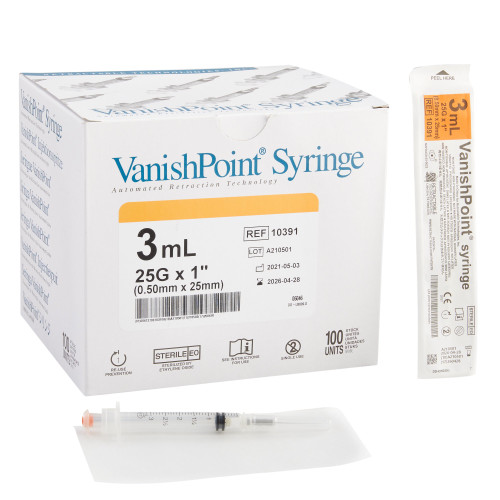 Retractable Technologies 10391 - Safety Hypodermic Syringe with Needle VanishPoint® 3 mL 1 Inch 25 Gauge Retractable Safety Needle Regular Wall Retractable Technologies 10391 - Safety Hypodermic Syringe with Needle VanishPoint® 3 mL 1 Inch 25 Gauge Retractable Safety Needle Regular Wall