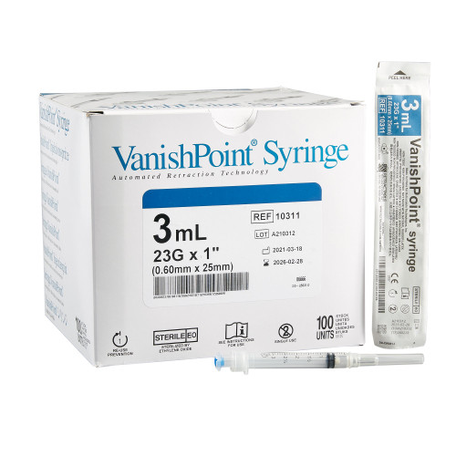 Retractable Technologies 10311 - Safety Hypodermic Syringe with Needle VanishPoint® 3 mL 1 Inch 23 Gauge Retractable Safety Needle Regular Wall Retractable Technologies 10311 - Safety Hypodermic Syringe with Needle VanishPoint® 3 mL 1 Inch 23 Gauge Retractable Safety Needle Regular Wall