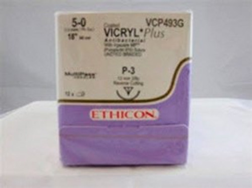 J & J Healthcare Systems VCP493G - Absorbable Antibacterial Suture with Needle Coated Vicryl™ Plus Polyglactin 910 P-3 3/8 Circle Precision Reverse Cutting Needle Size 5-0 Braided J & J Healthcare Systems VCP493G - Absorbable Antibacterial Suture with Needle Coated Vicryl™ Plus Polyglactin 910 P-3 3/8 Circle Precision Reverse Cutting Needle Size 5-0 Braided