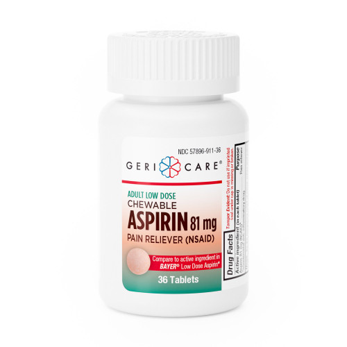 Geri-Care 911-36-GCP - Pain Relief Geri-Care® 81 mg Strength Aspirin Chewable Tablet 36 per Bottle Geri-Care 911-36-GCP - Pain Relief Geri-Care® 81 mg Strength Aspirin Chewable Tablet 36 per Bottle