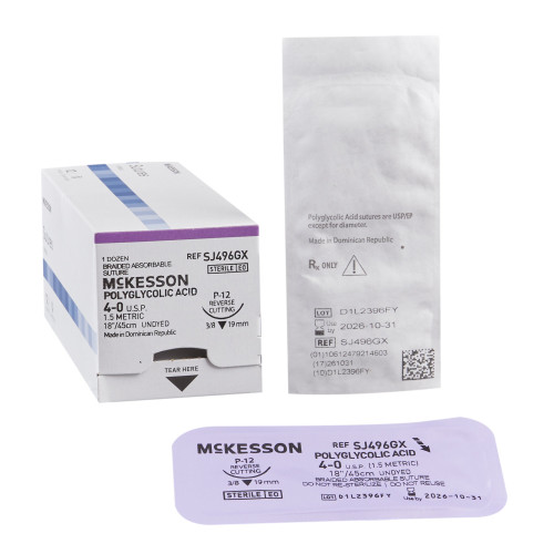 McKesson SJ496GX - Absorbable Suture with Needle McKesson Polyglycolic Acid P-12 3/8 Circle Precision Reverse Cutting Needle Size 4-0 Braided McKesson SJ496GX - Absorbable Suture with Needle McKesson Polyglycolic Acid P-12 3/8 Circle Precision Reverse Cutting Needle Size 4-0 Braided