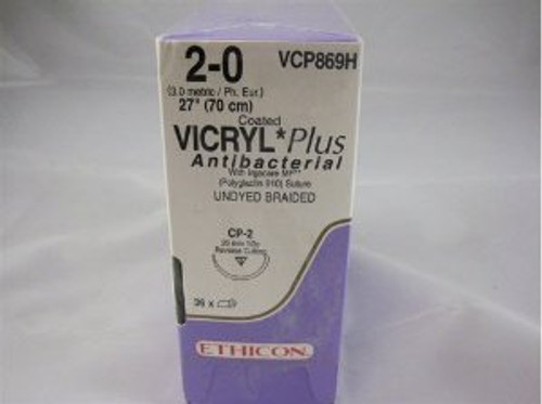 J & J Healthcare Systems VCP869H - Absorbable Antibacterial Suture with Needle Coated Vicryl™ Plus Polyglactin 910 CP-2 1/2 Circle Reverse Cutting Needle Size 2-0 Braided J & J Healthcare Systems VCP869H - Absorbable Antibacterial Suture with Needle Coated Vicryl™ Plus Polyglactin 910 CP-2 1/2 Circle Reverse Cutting Needle Size 2-0 Braided