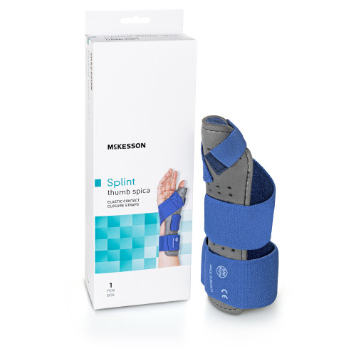 McKesson 155-79-87117 - Wrist Brace with Thumb Spica McKesson Preformed Right Hand Blue / Gray Large / X-Large McKesson 155-79-87117 - Wrist Brace with Thumb Spica McKesson Preformed Right Hand Blue / Gray Large / X-Large