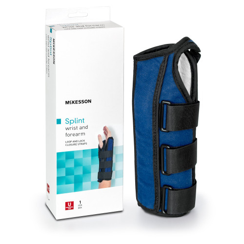 McKesson 155-79-87050 - Wrist / Forearm Brace McKesson Aluminum / Nylon / Foam / Flannelette Right Hand Black / Blue One Size Fits Most McKesson 155-79-87050 - Wrist / Forearm Brace McKesson Aluminum / Nylon / Foam / Flannelette Right Hand Black / Blue One Size Fits Most