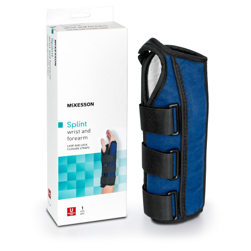 McKesson 155-79-87060 - Wrist / Forearm Brace McKesson Aluminum / Nylon / Foam / Flannelette Left Hand Black / Blue One Size Fits Most McKesson 155-79-87060 - Wrist / Forearm Brace McKesson Aluminum / Nylon / Foam / Flannelette Left Hand Black / Blue One Size Fits Most